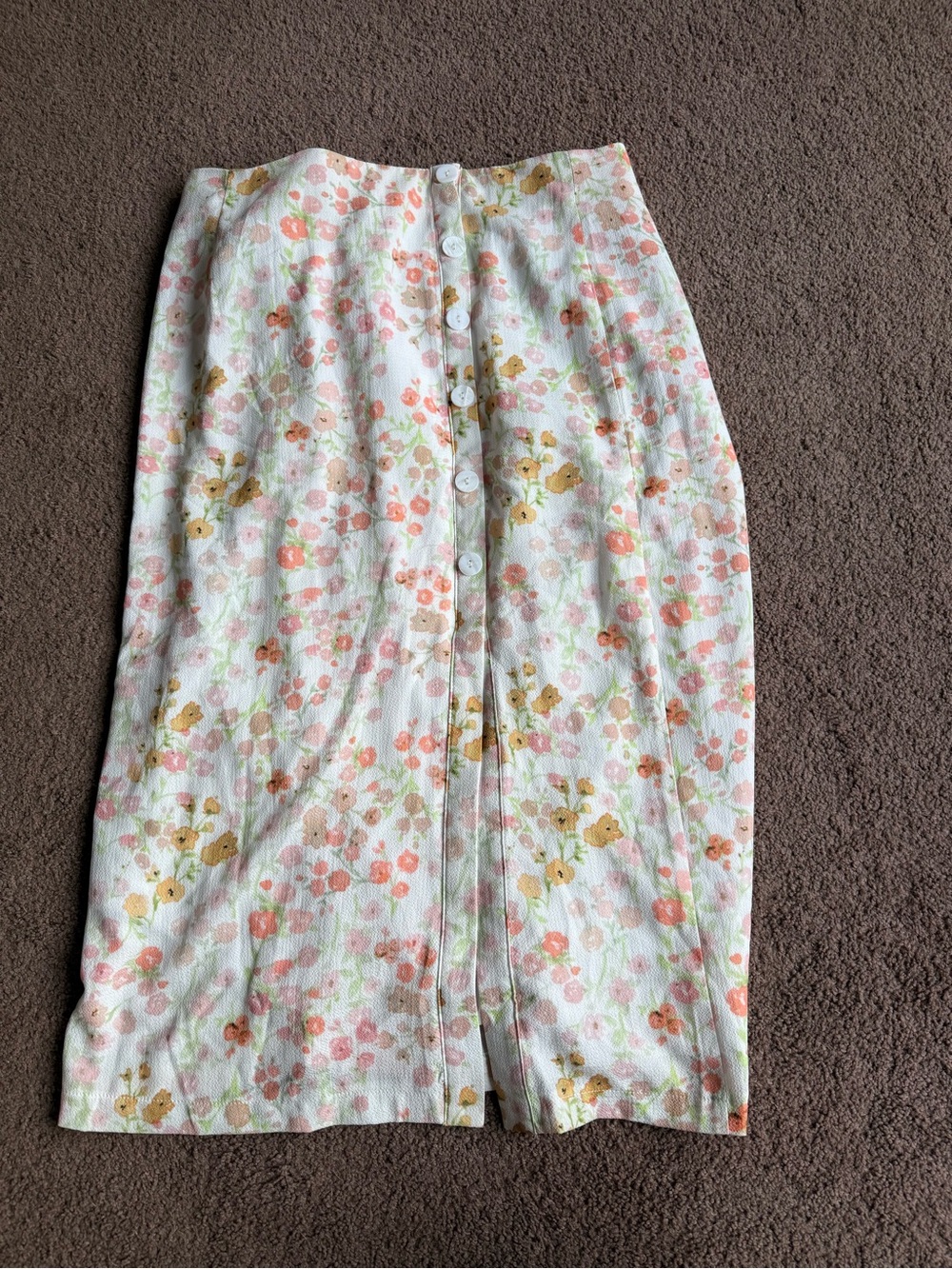 Floral Button-Front Skirt in Pastel Peach, Pink, Yellow, Tan and Green